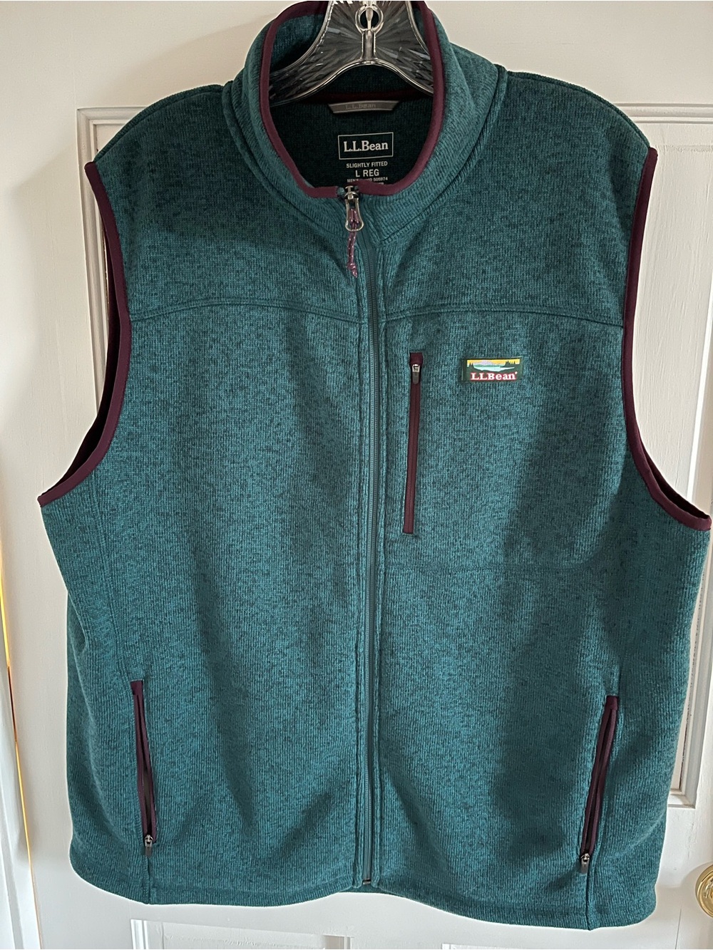 L.L. Bean Teal Zip-Up Men's Fleece Vest with Maroon Trim